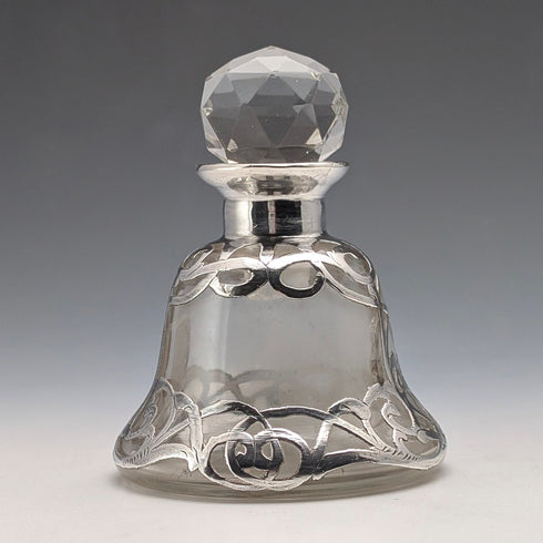 Antique American Art Nouveau Silver Overlay Glass Miniature Perfume Bottle